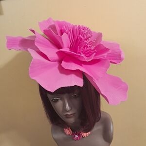 NEW WOMENS TEA PARTY FASCINATOR HAT LARGE PINK FLOWER,HEADBAND 16"